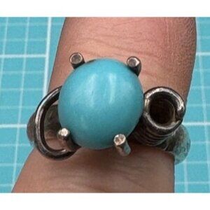 Vintage Modernistic Brutalist Sterling Turquoise Ring Twisted Spring Pave Settin